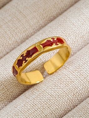 18k Gold Plated Red Enamel Adjustable Band Ring